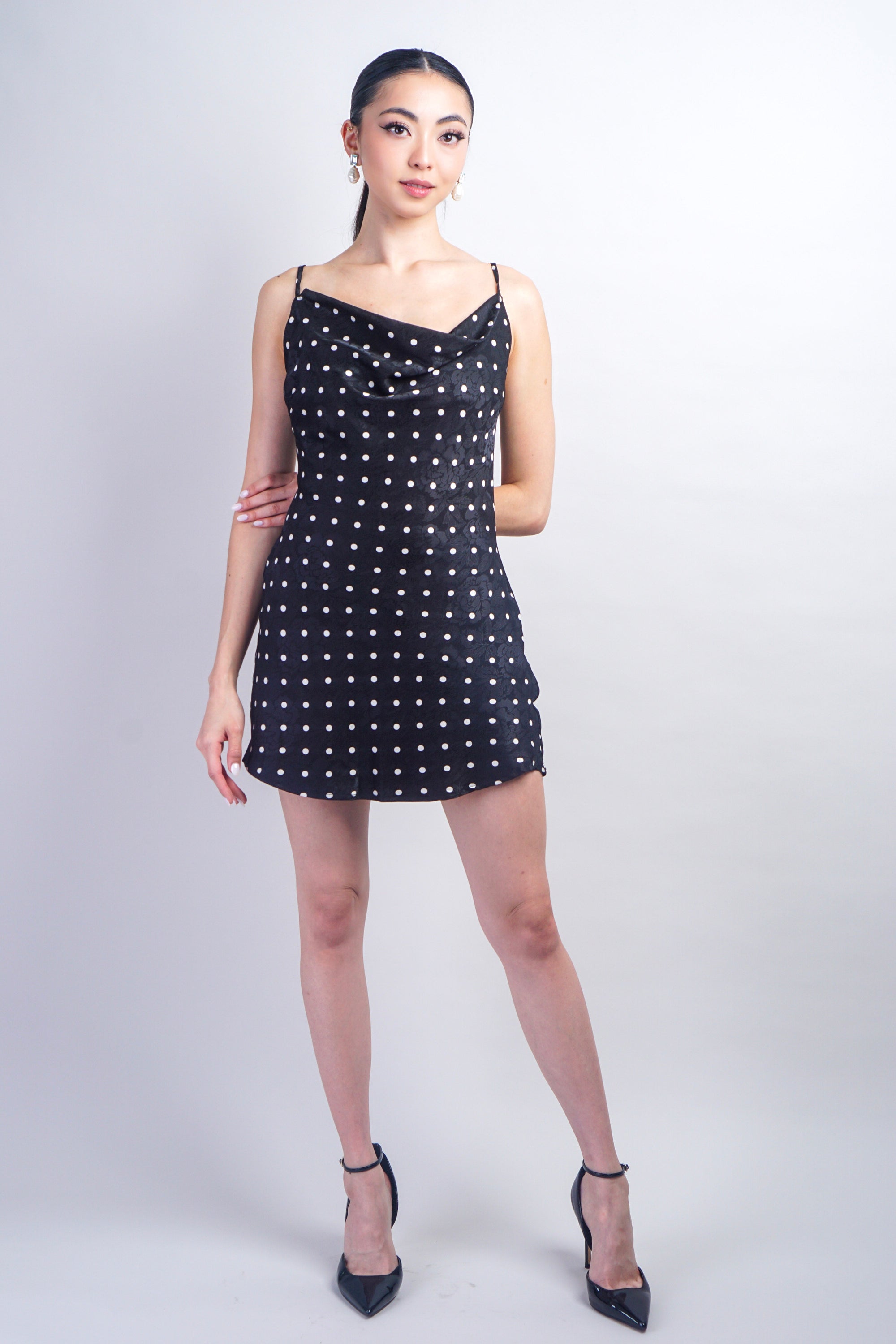 Black Floral Polka Dot Cowl Neck Bias Mini Dress