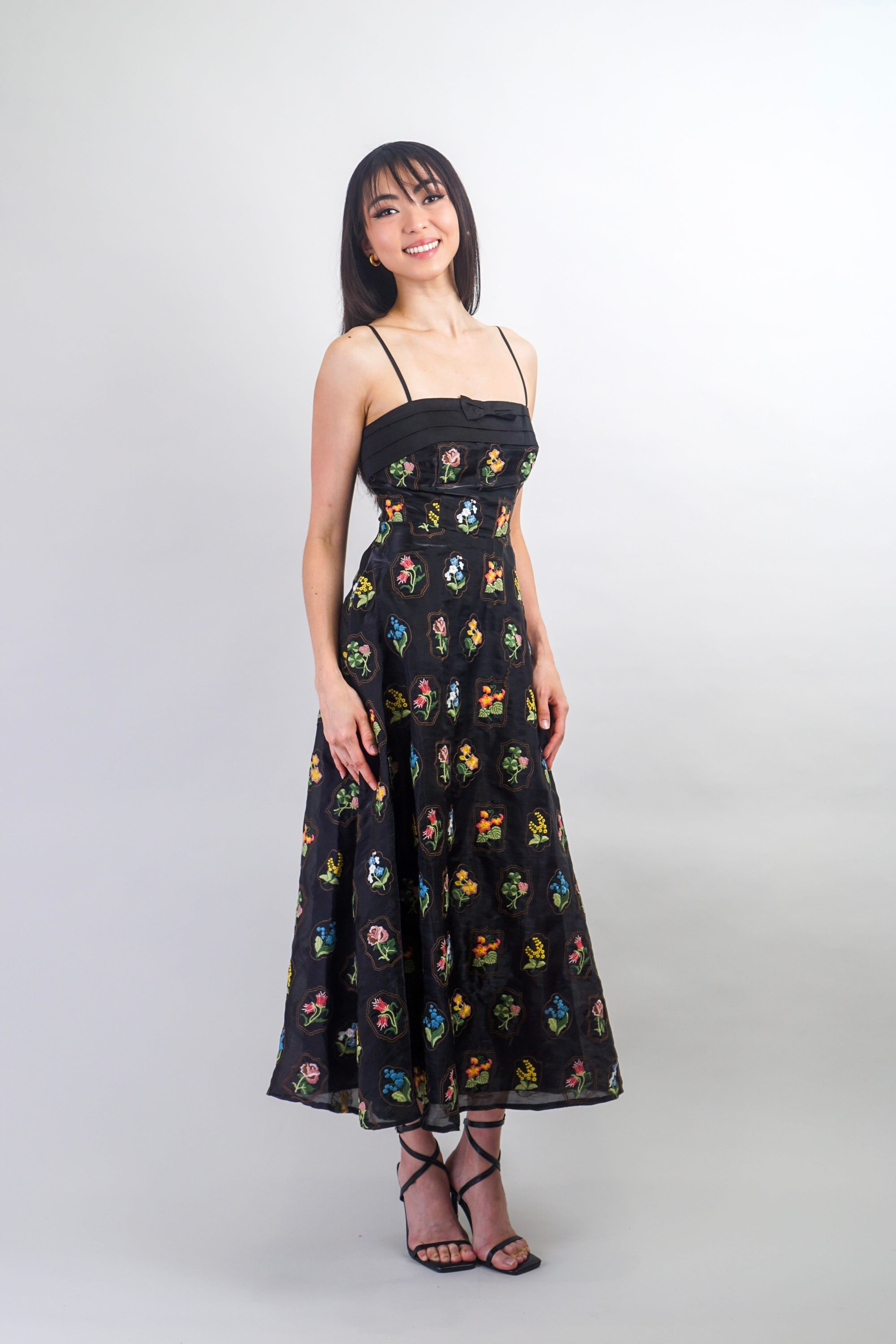 Black Floral Embroidered Midi Dress