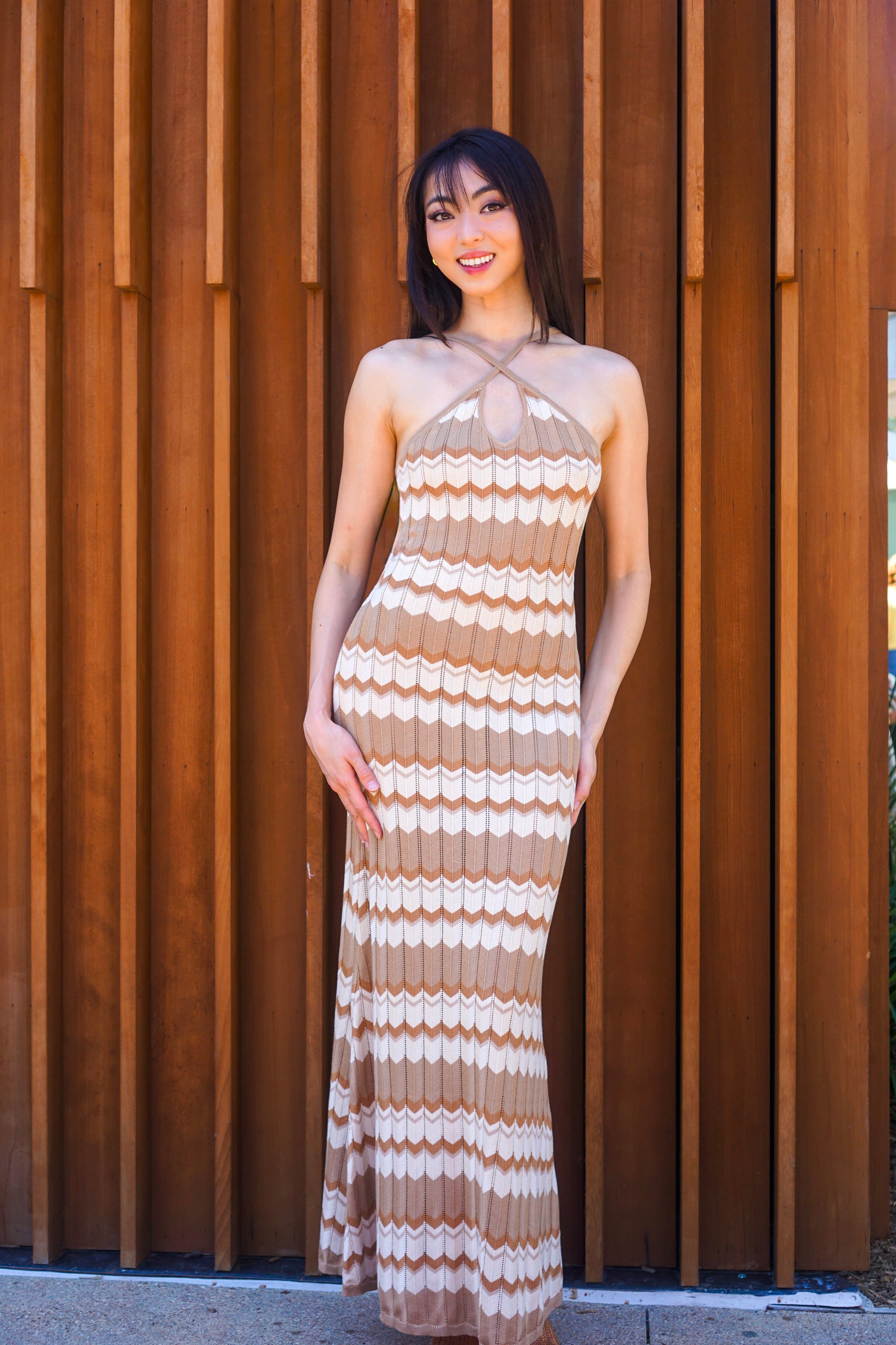 Brown Knitted Zig Zag Striped Midi Dress