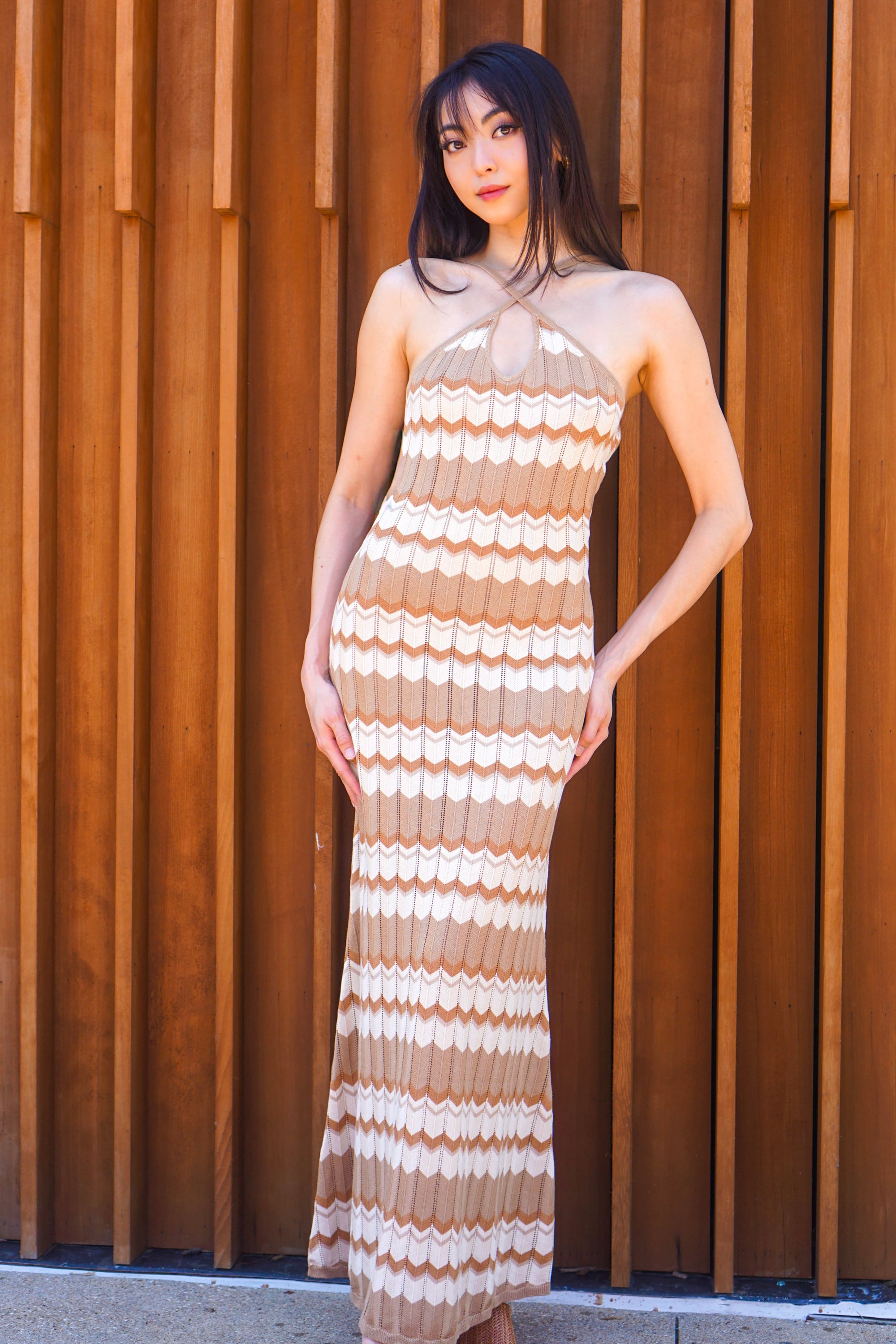 Brown Knitted Zig Zag Striped Midi Dress