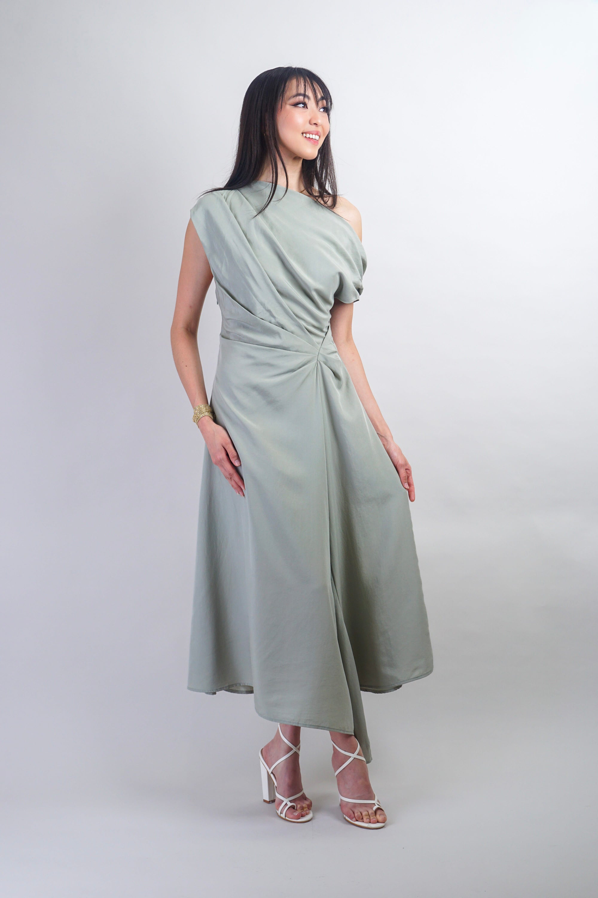 Sage Off Shoulder and Side Drape Dress